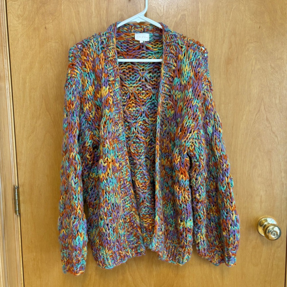 Entra Cardigan Women Small Multicolor Chunky Knit Open Front Balloon Sleeve